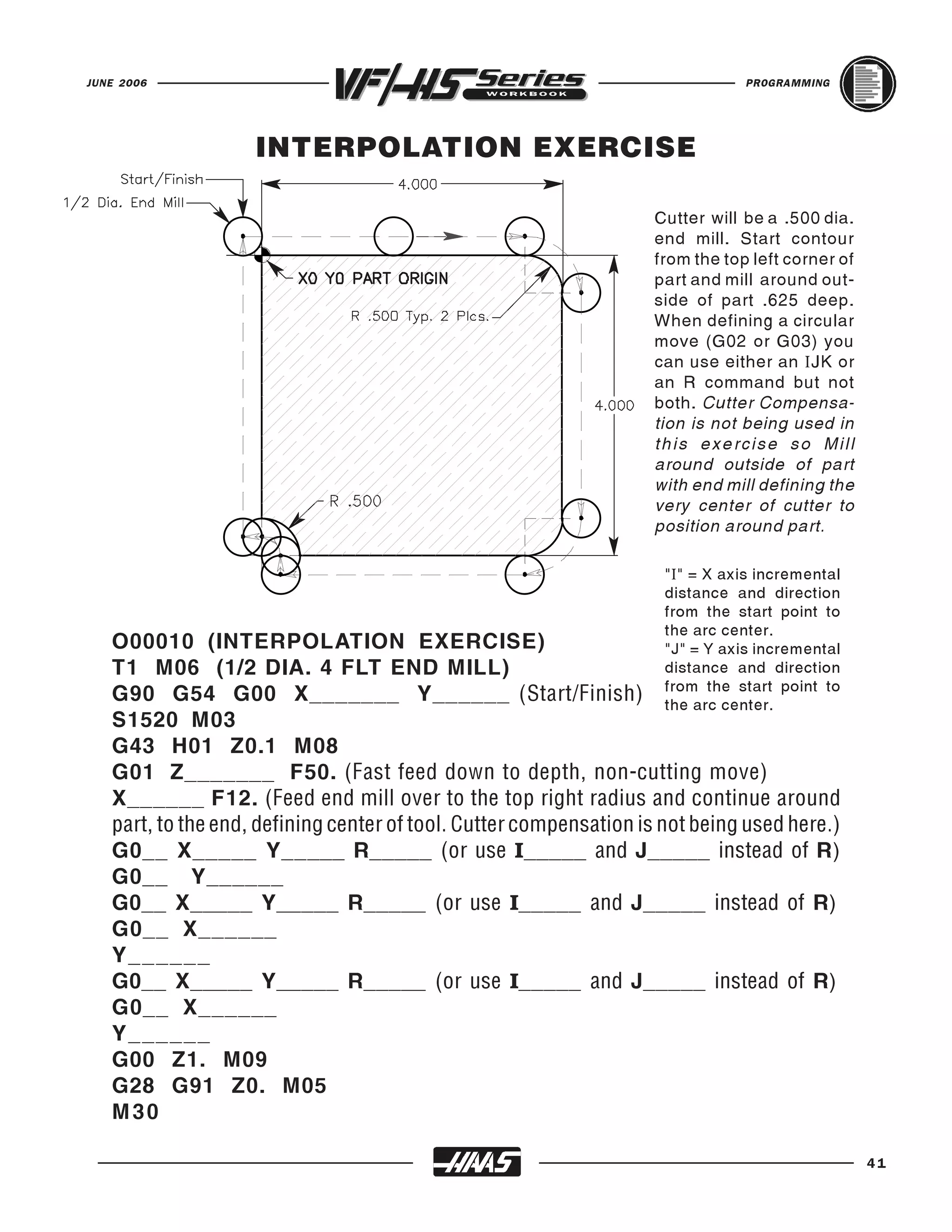 JUNE 2006                                                                       PROGRAMMING




                    INTERPOLATION EXERCISE

                                                                   Cutter will be a .500 dia.
                                                                   end mill. Start contour
                                                                   from the top left corner of
                                                                   part and mill around out-
                                                                   side of part .625 deep.
                                                                   When defining a circular
                                                                   move (G02 or G03) you
                                                                   can use either an IJK or
                                                                   an R command but not
                                                                   both. Cutter Compensa-
                                                                   tion is not being used in
                                                                   this exercise so Mill
                                                                   around outside of part
                                                                   with end mill defining the
                                                                   very center of cutter to
                                                                   position around part.

                                                                     "I" = X axis incremental
                                                                     distance and direction
                                                                     from the start point to

   O00010 (INTERPOLATION EXERCISE)
                                                                     the arc center.
                                                                     "J" = Y axis incremental
   T1 M06 (1/2 DIA. 4 FLT END MILL)                                  distance and direction
   G90 G54 G00 X_______ Y______ (Start/Finish)                       from the start point to

   S1520 M03
                                                                     the arc center.

   G43 H01 Z0.1 M08
   G01 Z_______ F50. (Fast feed down to depth, non-cutting move)
   X______ F12. (Feed end mill over to the top right radius and continue around

   G0__ X_____ Y_____ R_____ (or use I_____ and J_____ instead of R)
   part, to the end, defining center of tool. Cutter compensation is not being used here.)

   G0__ Y______
   G0__ X_____ Y_____ R_____ (or use I_____ and J_____ instead of R)
   G0__ X______
   Y ______
   G0__ X_____ Y_____ R_____ (or use I_____ and J_____ instead of R)
   G0__ X______
   Y ______
   G00 Z1. M09
   G28 G91 Z0. M05
   M30

                                                                                                 41
 