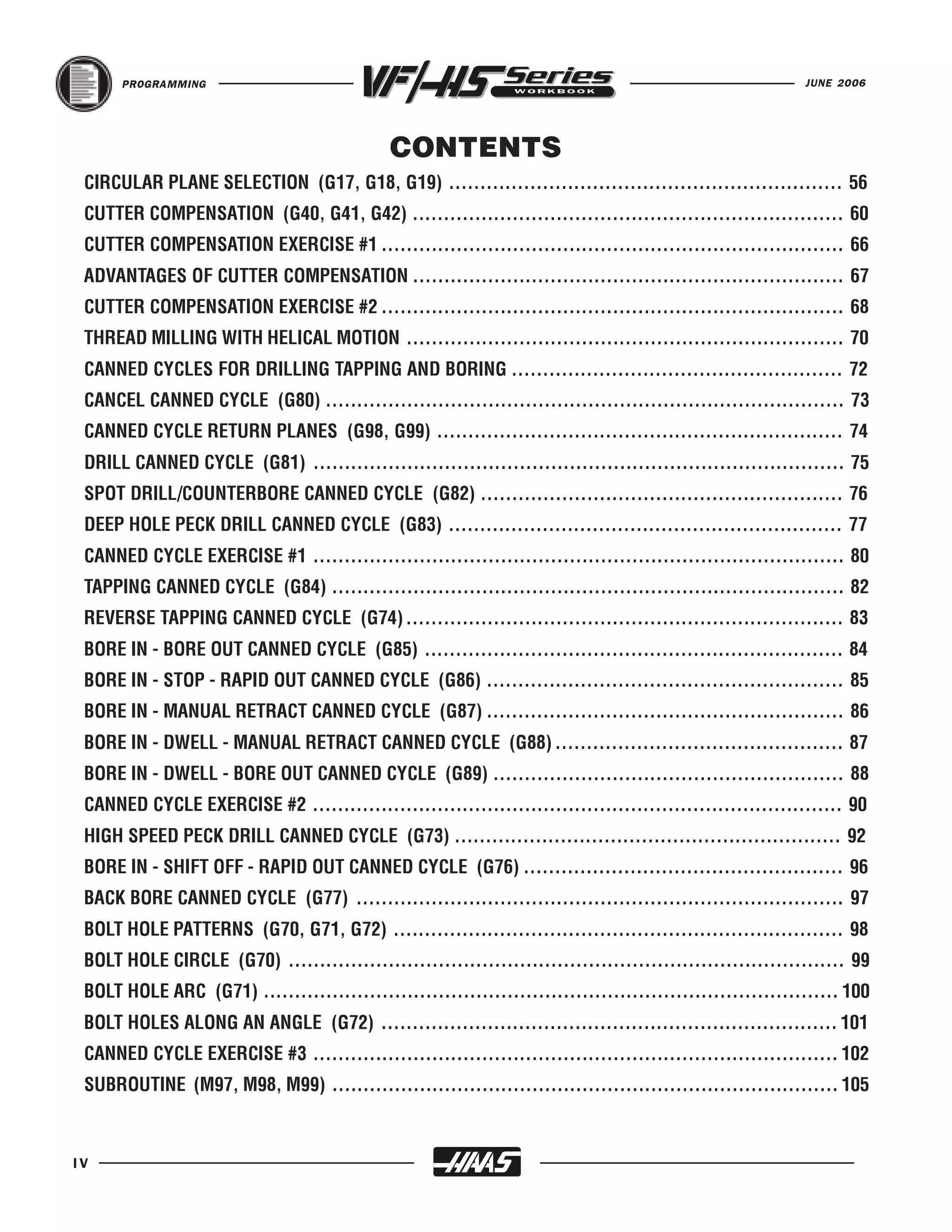 PROGRAMMING                                                                                          JUNE 2006




                                              CONTENTS
 CIRCULAR PLANE SELECTION (G17, G18, G19) ............................................................... 56
 CUTTER COMPENSATION (G40, G41, G42) ..................................................................... 60
 CUTTER COMPENSATION EXERCISE #1 .......................................................................... 66
 ADVANTAGES OF CUTTER COMPENSATION ..................................................................... 67
 CUTTER COMPENSATION EXERCISE #2 .......................................................................... 68
 THREAD MILLING WITH HELICAL MOTION ...................................................................... 70
 CANNED CYCLES FOR DRILLING TAPPING AND BORING ..................................................... 72
 CANCEL CANNED CYCLE (G80) ................................................................................... 73
 CANNED CYCLE RETURN PLANES (G98, G99) ................................................................. 74
 DRILL CANNED CYCLE (G81) ..................................................................................... 75
 SPOT DRILL/COUNTERBORE CANNED CYCLE (G82) .......................................................... 76
 DEEP HOLE PECK DRILL CANNED CYCLE (G83) ............................................................... 77
 CANNED CYCLE EXERCISE #1 ..................................................................................... 80
 TAPPING CANNED CYCLE (G84) .................................................................................. 82
 REVERSE TAPPING CANNED CYCLE (G74) ...................................................................... 83
 BORE IN - BORE OUT CANNED CYCLE (G85) ................................................................... 84
 BORE IN - STOP - RAPID OUT CANNED CYCLE (G86) ......................................................... 85
 BORE IN - MANUAL RETRACT CANNED CYCLE (G87) ......................................................... 86
 BORE IN - DWELL - MANUAL RETRACT CANNED CYCLE (G88) .............................................. 87
 BORE IN - DWELL - BORE OUT CANNED CYCLE (G89) ........................................................ 88
 CANNED CYCLE EXERCISE #2 ..................................................................................... 90
 HIGH SPEED PECK DRILL CANNED CYCLE (G73) .............................................................. 92
 BORE IN - SHIFT OFF - RAPID OUT CANNED CYCLE (G76) ................................................... 96
 BACK BORE CANNED CYCLE (G77) .............................................................................. 97
 BOLT HOLE PATTERNS (G70, G71, G72) ........................................................................ 98
 BOLT HOLE CIRCLE (G70) ......................................................................................... 99
 BOLT HOLE ARC (G71) ............................................................................................ 100
 BOLT HOLES ALONG AN ANGLE (G72) ......................................................................... 101
 CANNED CYCLE EXERCISE #3 .................................................................................... 102
 SUBROUTINE (M97, M98, M99) ................................................................................. 105



IV
 