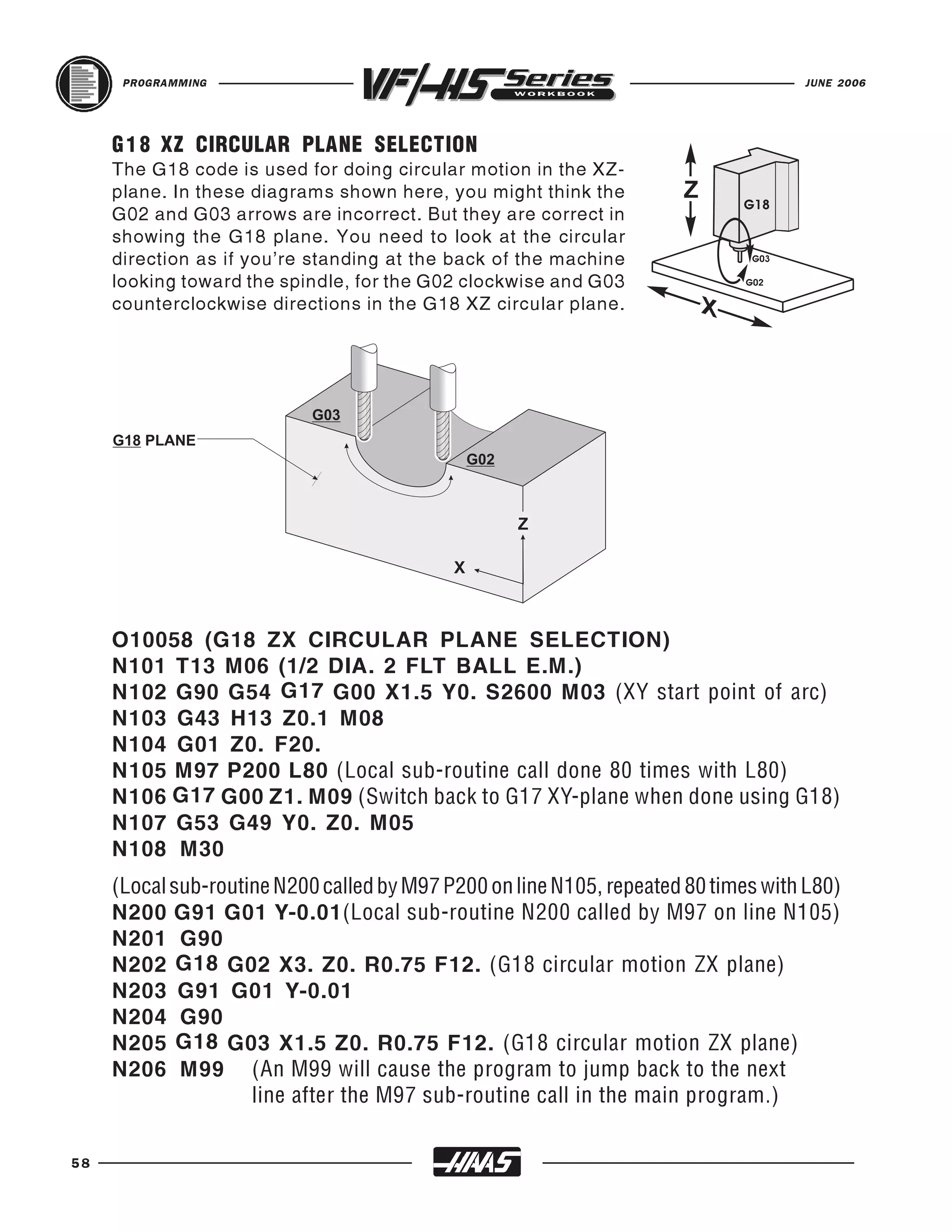 PROGRAMMING                                                                   JUNE 2006




     G 1 8 XZ CIRCULAR PLANE SELECTION
     The G18 code is used for doing circular motion in the XZ-
     plane. In these diagrams shown here, you might think the
     G02 and G03 arrows are incorrect. But they are correct in
     showing the G18 plane. You need to look at the circular
     direction as if you're standing at the back of the machine
     looking toward the spindle, for the G02 clockwise and G03
     counterclockwise directions in the G18 XZ circular plane.




     O10058 (G18 ZX CIRCULAR PLANE SELECTION)
     N101 T13 M06 (1/2 DIA. 2 FLT BALL E.M.)
     N102 G90 G54 G17 G00 X1.5 Y0. S2600 M03 (XY start point of arc)
     N103 G43 H13 Z0.1 M08
     N104 G01 Z0. F20.
     N105 M97 P200 L80 (Local sub-routine call done 80 times with L80)
     N106 G17 G00 Z1. M09 (Switch back to G17 XY-plane when done using G18)
     N107 G53 G49 Y0. Z0. M05
     N108 M30

     N200 G91 G01 Y-0.01(Local sub-routine N200 called by M97 on line N105)
     (Local sub-routine N200 called by M97 P200 on line N105, repeated 80 times with L80)

     N201 G90
     N202 G18 G02 X3. Z0. R0.75 F12. (G18 circular motion ZX plane)
     N203 G91 G01 Y-0.01
     N204 G90
     N205 G18 G03 X1.5 Z0. R0.75 F12. (G18 circular motion ZX plane)
     N206 M99 (An M99 will cause the program to jump back to the next
                     line after the M97 sub-routine call in the main program.)

58
 