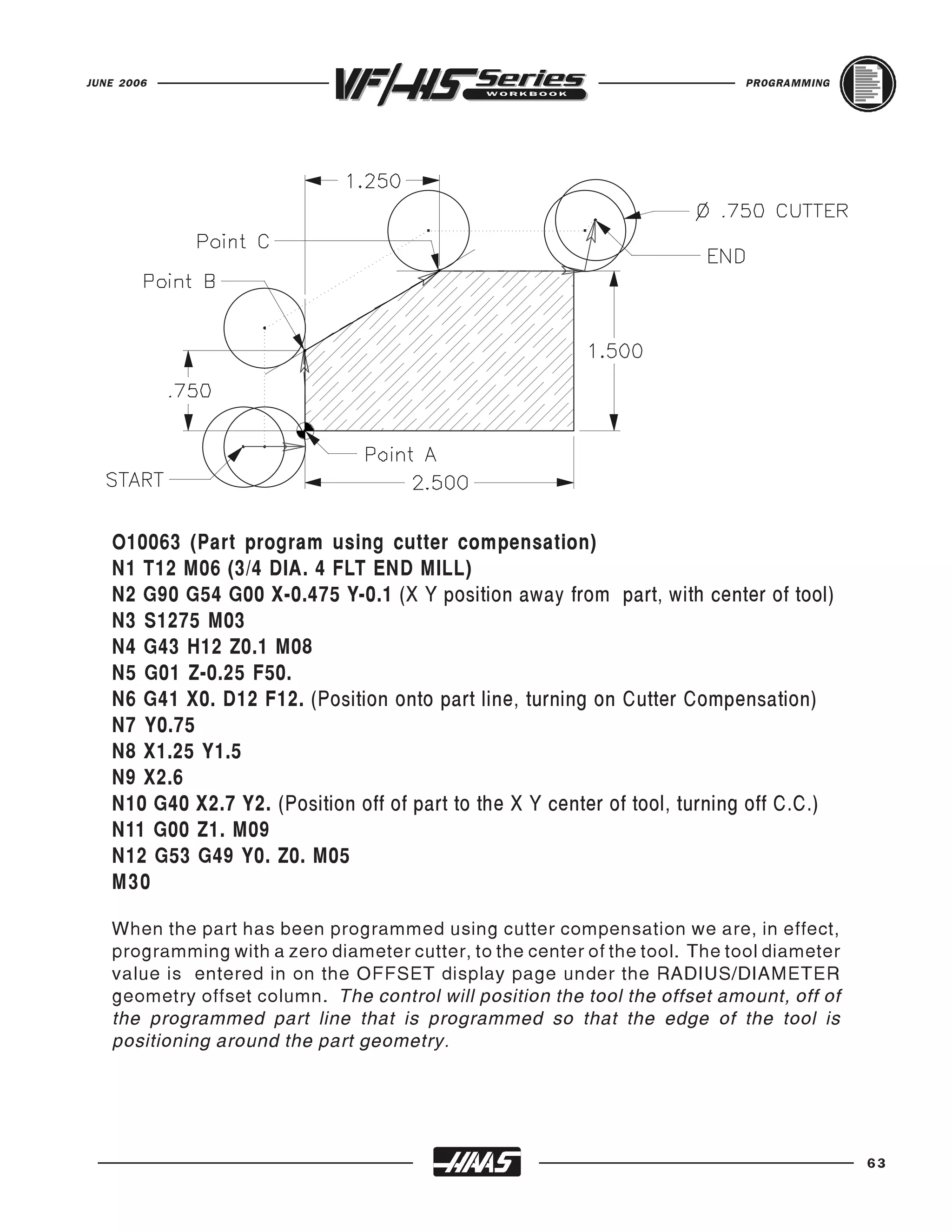 JUNE 2006                                                                   PROGRAMMING




   O10063 (Part program using cutter compensation)
   N1 T12 M06 (3/4 DIA. 4 FLT END MILL)
   N2 G90 G54 G00 X-0.475 Y-0.1 (X Y position away from part, with center of tool)
   N3 S1275 M03
   N4 G43 H12 Z0.1 M08
   N5 G01 Z-0.25 F50.
   N6 G41 X0. D12 F12. (Position onto part line, turning on Cutter Compensation)
   N7 Y0.75
   N8 X1.25 Y1.5
   N9 X2.6
   N10 G40 X2.7 Y2. (Position off of part to the X Y center of tool, turning off C.C.)
   N11 G00 Z1. M09
   N12 G53 G49 Y0. Z0. M05
   M30

   When the part has been programmed using cutter compensation we are, in effect,
   programming with a zero diameter cutter, to the center of the tool. The tool diameter
   value is entered in on the OFFSET display page under the RADIUS/DIAMETER
   geometry offset column. The control will position the tool the offset amount, off of
   the programmed part line that is programmed so that the edge of the tool is
   positioning around the part geometry.




                                                                                           63
 
