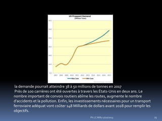 la demande pourrait atteindre 38 à 50 millions de tonnes en 2017
Près de 100 carrières ont été ouvertes à travers les États-Unis en deux ans. Le
nombre important de convois routiers abîme les routes, augmente le nombre
d’accidents et la pollution. Enfin, les investissements nécessaires pour un transport
ferroviaire adéquat vont coûter 148 Milliards de dollars avant 2028 pour remplir les
objectifs.
Ph.LC Milly 17/10/2013

25

 