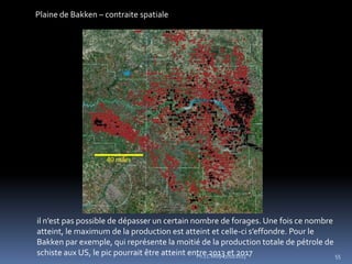 Plaine de Bakken – contraite spatiale

il n’est pas possible de dépasser un certain nombre de forages. Une fois ce nombre
atteint, le maximum de la production est atteint et celle-ci s’effondre. Pour le
Bakken par exemple, qui représente la moitié de la production totale de pétrole de
schiste aux US, le pic pourrait être atteint entre 2013 et 2017
55
Ph.LC Milly 17/10/2013

 