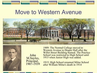 Move to Western Avenue




                1909: The Normal College moved to
                Western Avenue to Draper Hall after the
                Willet Street Building burned. The Practice
      John      School was restricted to High School until
   M.Sayles,    1915 when Junior High was added.
   Principal,   1915: High School renamed Milne School
   1907-1939    after William Milne's death in 1914
 