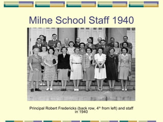 Milne School Staff 1940




Principal Robert Fredericks (back row, 4 th from left) and staff
                          in 1940
 