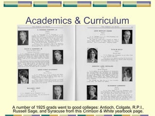 Academics & Curriculum




A number of 1925 grads went to good colleges: Antioch, Colgate, R.P.I.,
Russell Sage, and Syracuse from this Crimson & White yearbook page.
 