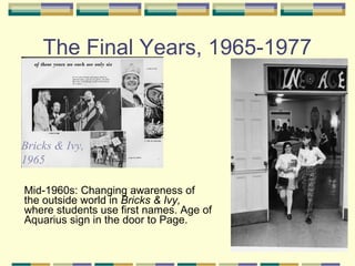The Final Years, 1965-1977



Bricks & Ivy,
1965

Mid-1960s: Changing awareness of
the outside world in Bricks & Ivy,
where students use first names. Age of
Aquarius sign in the door to Page.
 