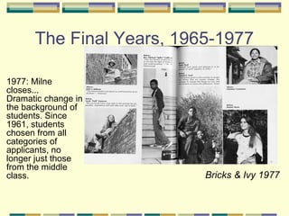 The Final Years, 1965-1977

1977: Milne
closes...
Dramatic change in
the background of
students. Since
1961, students
chosen from all
categories of
applicants, no
longer just those
from the middle
class.                    Bricks & Ivy 1977
 
