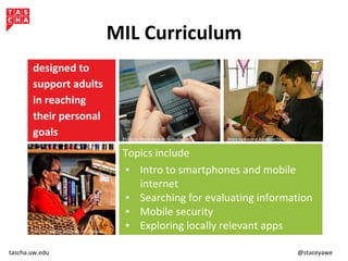 tascha.uw.edu @staceyawe
MIL Curriculum
Topics include
▪ Intro to smartphones and mobile
internet
▪ Searching for evaluating information
▪ Mobile security
▪ Exploring locally relevant apps
designed to
support adults
in reaching
their personal
goals
Photo by malcolm lightbody on Unsplash
Photo by rawpixel.com on Unsplash Photo by Beyond Access on Flickr.comPhoto by World Bank on Flickr.com
 