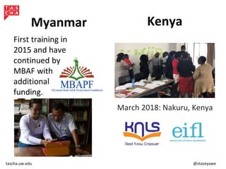 tascha.uw.edu @staceyawe
Myanmar
First training in
2015 and have
continued by
MBAF with
additional
funding.
Kenya
March 2018: Nakuru, Kenya
 
