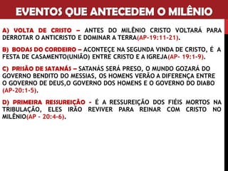 TESES SOBRE O MILÊNIO
CONCLUSÃO
ACREDITO NO PRÉ–MILENISMO, POIS ESTA TESE OBTÊM MAIS RESPALDO BÍBLICO,
ELA CONCORDA E ENSINA AS PROFECIAS BÍBLICAS QUE AFIRMAM QUE O MESSIAS
REINARÁ NA TERRA, ALIÁS ESTA É A ESPERANÇA DE MILHARES DE CRISTÃOS E
JUDEUS( AP- 20:1-5; IS – 11;1-12 E ZC- 14:16 ).
 