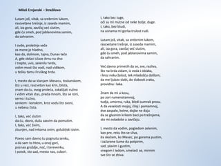 Miloš Crnjanski – Stražilovo
Lutam još, vitak, sa srebrnim lukom,
rascvetane trešnje, iz zaseda mamim,
ali, iza gora, zavičaj već slutim,
gde ću smeh, pod jablanovima samim,
da sahranim.
I ovde, proletnje veče
za mene je hladno,
kao da, dolinom, tajno, Dunav teče
A, gde oblaci silaze Arnu na dno
i trepte, uvis, zelenila tvrda,
vidim most što vodi, nad vidikom,
u tešku tamu Fruškog brda.
I, mesto da se klanjam Mesecu, toskanskom,
što u reci, rascvetan kao krin, blista,
znam da ću, ovog proleća, zakašljati ružno
i vidim vitak stas, preda mnom, što se roni,
verno i tužno,
senkom i korakom, kroz vodu što zvoni,
u nebesa čista.
I, tako, već slutim
da ću, skoro, dušu sasvim da pomutim.
I, tako, već živim,
zbunjen, nad rekama ovim, golubijski sivim.
Poveo sam davno tu pognutu senku,
a da sam to hteo, u onoj gori,
poznao groždje, noć, i terevenku,
i potok, sto sad, mesto nas, zubori.
I, tako bez tuge,
oči su mi mutne od neke bolje, duge.
I, tako, bez bludi,
na usnama mi gorka trulost rudi.
Lutam još, vitak, sa srebrnim lukom,
rascvetane trešnje, iz zaseda mamim,
ali, iza gora, zavičaj već slutim,
gde ću smeh, pod jablanovima samim,
da sahranim.
Već davno primetih da se, sve, razliva,
što na brda zidam, iz voda i oblaka,
i kroz neku žalost, tek mladošću došlom,
da me ljubav slabi, do slabosti zraka,
providna i laka.
Znam da mi u kosu,
po zori rumenotamnoj,
tudja, umorna, ruka, bledi sumrak prosu.
A da veselosti mojoj, čiloj i pomamnoj,
dve zaspale, bolne, dojke ne daju
da se glasnim krikom baci po trešnjama,
sto mi ostadoše u zavičaju.
I, mesto da vodim, pogledom zelenim,
kao pre, reku što se sliva,
da skačem, ko Mesec, po gorama pustim,
i zažarene šume da potpirim,
sad, plavim i gustim,
snegom i ledom, smešeći se, mirnim
sve što se zbiva.
 