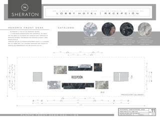 L O B B Y H O T E l | R E C E P C I Ó N
U M - D I S E Ñ O D E I N T E R I O R E S 2 0 2 2 - T A L L E R E S P E C I A L I - T R A B A J O N 2
P L A N TA F R O N T D E S K E S C . 1 : 2 5
TRABAJO PRÁCTICO N°2 | LOBBY HOTEL
PROFESORES: ARQ. GONELLA, JORGE - ARQ. ALVAREZ, NIDIA
ALUMNA: MILONE, MARÍA VALENTINA PLANO DETALLE
29/07/22
TALLER ESPECIAL I - DISEÑO DE INTERIORES - UM 2022
LÁMINA:
11
c at á l o g o
m e m o r i a f r o n t d e s k
- se propuso la idea de una recepción central.
- y lo que busca generar como idea conceptual, es jugar
con una serie de volúmenes con acabados simil marmoles de
distintos colores, conformado por distintas alturas y sepa-
rados entre sí,
logrando que sea un espacio escultórico junto a la luminaria
que hay sobre éste, una luminaria compuesta por láminas de
acrílico que proporcionan una reflectancia de luz.
PORCELANATO SIMIL
MARMOL BICOLOR
(PLACAS PERSONALIZADA
CON ACABADO PULIDO)
MARCA: BRIDH
PORCELANATO SIMIL
MARMOL GREEN
(PLACAS PERSONALIZADA
CON ACABADO PULIDO)
MARCA: BRIDH
PORCELANATO SIMIL
MARMOL GREY
(PLACAS PERSONALIZADA
CON ACABADO PULIDO)
MARCA: BRIDH
PORCELANATO SIMIL
MARMOL CELESTE
(PLACAS PERSONALIZADA
CON ACABADO PULIDO)
MARCA: BRIDH
RECEPCIÓN A1
PROYECCIÓN CIELORASO
A2
 
