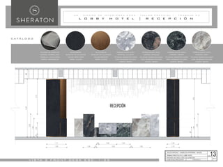 L O B B Y H O T E l | R E C E P C I Ó N
U M - D I S E Ñ O D E I N T E R I O R E S 2 0 2 2 - T A L L E R E S P E C I A L I - T R A B A J O N 2
V I S TA 2 F R O N T D E S K E S C . 1 : 2 5
TRABAJO PRÁCTICO N°2 | LOBBY HOTEL
PROFESORES: ARQ. GONELLA, JORGE - ARQ. ALVAREZ, NIDIA
ALUMNA: MILONE, MARÍA VALENTINA PLANO DETALLE
29/07/22
TALLER ESPECIAL I - DISEÑO DE INTERIORES - UM 2022
LÁMINA:
13
c at á l o g o
PORCELANATO SIMIL
MARMOL CELESTE
(PLACAS PERSONALIZADA
CON ACABADO PULIDO)
MARCA: BRIDH
PORCELANATO SIMIL
MARMOL BICOLOR
(PLACAS PERSONALIZADA
CON ACABADO PULIDO)
MARCA: BRIDH
PORCELANATO SIMIL
MARMOL GREEN
(PLACAS PERSONALIZADA
CON ACABADO PULIDO)
MARCA: BRIDH
PLACAS DE ACRÍLICO
CRISTAL ESMERILADO
MODELO: LAMIN ZOXO
MARCA: ESMERALDA
ALUCOBOND
PANELES DE ALUMINIO
COLOR DORADO
MARA: ALUCO
ALUCOBOND
PANELES DE ALUMINIO
COLOR GRIS MATE
MARA: ALUCO
PORCELANATO SIMIL
MARMOL GREY
(PLACAS PERSONALIZADA
CON ACABADO PULIDO)
MARCA: BRIDH
 