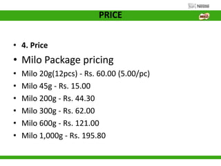 PRICE
• 4. Price
• Milo Package pricing
• Milo 20g(12pcs) - Rs. 60.00 (5.00/pc)
• Milo 45g - Rs. 15.00
• Milo 200g - Rs. 44.30
• Milo 300g - Rs. 62.00
• Milo 600g - Rs. 121.00
• Milo 1,000g - Rs. 195.80
 