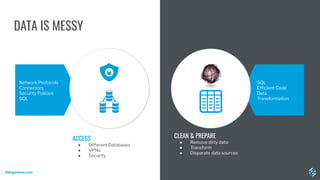 DATA IS MESSY
ACCESS
● Different Databases
● VPNs
● Security
CLEAN & PREPARE
● Remove dirty data
● Transform
● Disparate d...