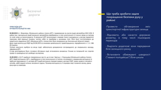 Що треба зробити задля
покращання безпеки руху у
районі
-Провести обговорення змін
транспортної інфраструктури селища
- Відновити, або нанести дорожню
розмітку, в тому числі пішохідних
переходів
- Виділити додаткові зони паркування
біля селищного ринку
- Встановити обмежувачі швидкості
(“лежачі поліцейські”) біля школи
Безпечні
дороги
03.08.2019 в с. Морозівка, Міловського району сталося ДТП з травмованим за участю водія автомобілю ВАЗ 2106. В
районі вул. Центральної водій вказаного автомобілю,перебуваючи в стані алкогольного сп`яніння заїхав на тротуар
та скоїв наїзд на велосипедиста. В результаті ДТП велосипедист отримав тілесні ушкодження у вигляді відкритого
перелому лівої верхньої кінцівки, числені забої та перебував у шоковому стані. Його було госпіталізовано до
хірургічного відділення КНП «Міловська ЦРЛ», пізніше його було направлено до Лисичанської обласної лікарні.
Дана подія внесена до ЄРДР від 04.08.2019 за ознаками кримінального правопорушення, передбаченого ч. 1 ст. 286
КК України.
Поліція своєчасно прибула на місце події, забезпечила доправлення постраждалого до лікувального закладу,
оформила ДТП.
В ході розслідування було з`ясовано обставини події, встановлено винуватця. Станом на теперішній час слідство
триває та проводяться всі необхідні експертизи.
25.09.2019 о 16-27 надійшло повідомлення про те, що по вул. Зарічна, с. Стрильцівка Міловського району сталося
ДТП. Водій мотоциклу «МТ», перебуваючи в стані алкогольного сп’яніння, не впорався з керуванням мотоциклу та
здійснив перекидання. В наслідок ДТП водій мотоциклу отримав травми у вигляді ЗЧМТ, вивих правого плечевого
суглобу, забій грудної клітини, множинні садини. Пасажир мотоциклу гр. К отримав струс головного мозку, рвану
рану вуха та гематома.
ПРИКЛАДИ ДТП
Й РОБОТИ ПОЛІЦІЇ ПО НИХ
 