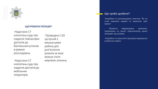 Що треба зробити?
-Розробити та розповсюдити пам’ятку “Як не
стати жертвою крадіїв та захистити своє
майно”
- Провести інформаційну кампанію,
спрямовану на захист персональних даних
громадян від шахраїв;
-Розробити та запустити програму маркування
особистого майна
-Надіслано 17
клопотань суду про
надання тимчасових
доступів до
банківських установ
в рамках
розслідувань
-Надіслано 17
клопотань суду про
надання доступів до
мобільних
операторів
-Проведено 110
зустрічей з
мешканцями
району для
роз’яснення
ризиків за яких
можна стати
жертвою злочину.
ЩО РОБИЛА ПОЛІЦІЯ?
 