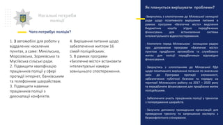 Нагальні потреби
поліції
Чого потребує поліція?
Як планується вирішувати проблеми?
-Звернутись з клопотанням до Міловської селищної
ради щодо позитивного вирішення питання в
рамках програми «Безпечне місто» виділення
бюджетних коштів згідно передбачених
фінансувань для встановлення системи
інтелектуального відеоспостереження.
- Клопотати перед Міловською селищною радою
про доповнення програми «Безпечне місто»
пунктом придбання автомобілів та службового
житла для поліції передбачивши відповідне
фінансування.
- Звернутись з клопотанням до Міловської РДА
щодо позитивного вирішення питання по внесенню
змін до Програми протидії злочинності,
забезпечення публічної безпеки та порядку на
території Міловського району на 2017 – 2020 року
та передбачити фінансування для придбання житла
поліцейським.
- Забезпечити участь працівників поліції у тренінгах
з попередження шахрайств.
- Залучити допомогу громадських організацій для
проведення тренінгу та запрошення експерта з
безконфліктного спілкування.
1. 3 автомобілі для роботи у
віддалених населених
пунктах, а саме: Микільська,
Морозівська, Зориківська та
Мусіївська сільські ради.
2. Підвищити кваліфікацію
працівників поліції у сфері
протидії інтернет, банківським
та телефонним шахрайствам.
3. Підвищити навички
працівників поліції з
деескалації конфліктів.
4. Вирішення питання щодо
забезпечення житлом 16
сімей поліцейських.
5. В рамках програми
«Безпечне місто» встановити
інтелектуальні камери
зовнішнього спостереження.
 
