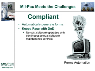 Compliant Automatically generate forms Keeps Pace with DoD No cost software upgrades with continuous annual software maintenance contract Mil-Pac Meets the Challenges Forms Automation 