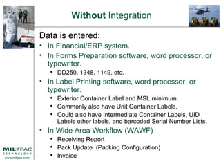 Without  Integration Data is entered: In Financial/ERP system. In Forms Preparation software, word processor, or typewriter. DD250, 1348, 1149, etc. In Label Printing software, word processor, or typewriter. Exterior Container Label and MSL minimum. Commonly also have Unit Container Labels. Could also have Intermediate Container Labels, UID Labels other labels, and barcoded Serial Number Lists. In Wide Area Workflow (WAWF) Receiving Report Pack Update  (Packing Configuration) Invoice 