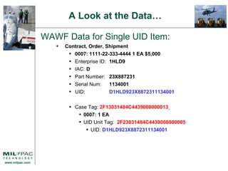 WAWF Data for Single UID Item: Contract, Order, Shipment 0007: 1111-22-333-4444 1 EA $5,000 Enterprise ID:  1HLD9 IAC:  D Part Number: 23X887231 Serial Num: 1134001 UID:  D1HLD923X8872311134001 Case Tag:  2F13031484C4439000000013   0007: 1 EA UID Unit Tag:  2F23031484C4439000000005 UID:  D1HLD923X8872311134001 A Look at the Data… 