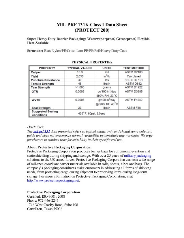 MIL PRF 131K Class I Data Sheet