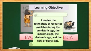 Learning Objective:
Examine the
technology or resources
available during the
prehistoric age, the
industrial age, the
electronic age, and the
new or digital age.
 