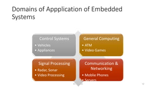 Domains of Appplication of Embedded
Systems
RTECS 2010 12
Control Systems
• Vehicles
• Appliances
General Computing
• ATM
• Video Games
Signal Processing
• Radar, Sonar
• Video Processing
Communication &
Networking
• Moblie Phones
• Servers
 