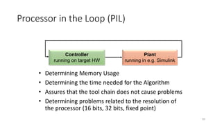 Processor in the Loop (PIL)
• Determining Memory Usage
• Determining the time needed for the Algorithm
• Assures that the tool chain does not cause problems
• Determining problems related to the resolution of
the processor (16 bits, 32 bits, fixed point)
33
Controller
running on target HW
Plant
running in e.g. Simulink
 