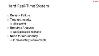 Hard Real-Time System
45
 Delay = Failure
 Time granularity
 Millisecond
 RequiredAnalysis
 Worst possible scenario
 Need for redundancy
 To meet safety requirements
RTECS
 