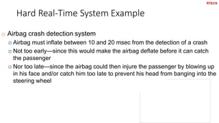 Hard Real-Time System Example
46
 Airbag crash detection system
 Airbag must inflate between 10 and 20 msec from the detection of a crash
 Not too early—since this would make the airbag deflate before it can catch
the passenger
 Nor too late—since the airbag could then injure the passenger by blowing up
in his face and/or catch him too late to prevent his head from banging into the
steering wheel
RTECS
 