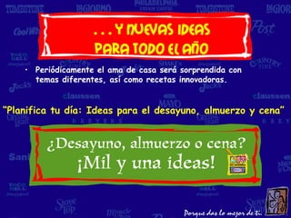 …y nuevas ideas
                   para todo el año
    • Periódicamente el ama de casa será sorprendida con
      temas diferentes, así como recetas innovadoras.


“Planifica tu día: Ideas para el desayuno, almuerzo y cena”
 