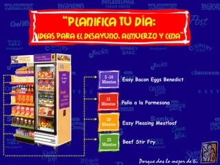 “Planifica tu día:
Ideas para el desayuno, almuerzo y cena”



                       Easy Bacon Eggs Benedict



                       Pollo a la Parmesana



                       Easy Pleasing Meatloaf


                       Beef Stir Fry
 