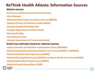 Atlanta sources
•US

Census and American Community Survey
•Vital Statistics
•Behavioral Risk Factor Surveillance Survey (BRFSS)
•National Survey of Children’s Health (NSCH)
•Georgia Hospital Discharge Data
•Georgia Department of Public Health
•Dartmouth Atlas
•Area Resource Files
•Georgia Department of Community Health

Small-area estimates based on national sources
•National Health

and Nutrition Examination Survey (NHANES)
•National (Hospital) Ambulatory Medical Care Survey (NAMCS, NHAMCS)
•National Hospital Discharge Survey (NHDS)
•National Nursing Home Survey (NNHS) and Home Health Care Survey (NHHS)
•Medical Expenditure Panel Survey (MEPS)
•National Health Expenditures (NHE)
23

 