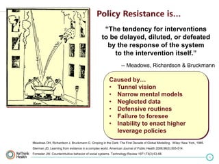 “The tendency for interventions
to be delayed, diluted, or defeated
by the response of the system
to the intervention itself.”
-- Meadows, Richardson & Bruckmann

Caused by…
• Tunnel vision
• Narrow mental models
• Neglected data
• Defensive routines
• Failure to foresee
• Inability to enact higher
leverage policies
Meadows DH, Richardson J, Bruckmann G. Groping in the Dark: The First Decade of Global Modelling. Wiley: New York, 1985.

Sterman JD. Learning from evidence in a complex world. American Journal of Public Health 2006;96(3):505-514.
Forrester JW. Counterintuitive behavior of social systems. Technology Review 1971;73(3):53-68.
5

 