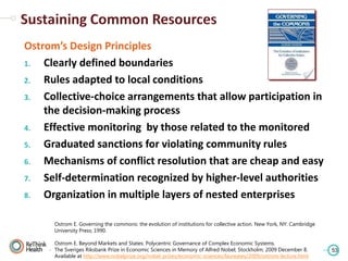 Ostrom’s Design Principles
1.
Clearly defined boundaries
2.
Rules adapted to local conditions
3.
Collective-choice arrangements that allow participation in
the decision-making process
4.
Effective monitoring by those related to the monitored
5.
Graduated sanctions for violating community rules
6.
Mechanisms of conflict resolution that are cheap and easy
7.
Self-determination recognized by higher-level authorities
8.
Organization in multiple layers of nested enterprises
Ostrom E. Governing the commons: the evolution of institutions for collective action. New York, NY: Cambridge
University Press; 1990.
Ostrom E. Beyond Markets and States: Polycentric Governance of Complex Economic Systems.
The Sveriges Riksbank Prize in Economic Sciences in Memory of Alfred Nobel; Stockholm; 2009 December 8.
Available at http://www.nobelprize.org/nobel_prizes/economic-sciences/laureates/2009/ostrom-lecture.html

53

 