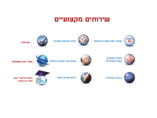 ‫מקצועיים‬ ‫שירותים‬
‫תערוכות‬
‫ומשלחות‬ ‫חוץ‬ ‫קשרי‬
‫ליצואנים‬ ‫המרכז‬
‫ומתחילים‬ ‫קטנים‬
‫הכלכלית‬ ‫היחידה‬
‫עסקיים‬ ‫שותפים‬ ‫איתור‬
‫עסקי‬ ‫ומודיעין‬ ‫מידע‬
‫הבינלאומי‬ ‫בסחר‬ ‫ייעוץ‬ ‫שרותי‬
‫בינלאומי‬ ‫ושיווק‬ ‫סחר‬ ‫חברות‬
‫יצוא‬ ‫ללימודי‬ ‫המרכז‬
‫בין‬ ‫וסחר‬-‫לאומי‬
 