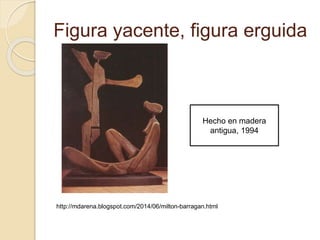 Figura yacente, figura erguida
http://mdarena.blogspot.com/2014/06/milton-barragan.html
Hecho en madera
antigua, 1994
 