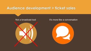 Audience development > ticket sales 
Not a broadcast tool It’s more like a conversation 
 