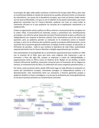 A principios de siglo nadie podía cuestionar el dominio de Europa sobre África, pero esto
se transformará debido al cambio de actitud de los pueblos africanos frente a la situación
de colonialismo. Las causas de la decadencia europea, que como ya hemos citado vienen
con las Guerras Mundiales, a lo que se une la rebelión en los países colonizados, que crean
gobiernos nacionales tras la II Guerra Mundial, acabarán con traer un nuevo orden al
continente africano en el que quedarán las secuelas de la explotación neocolonial y el
subdesarrollo.
Si bien la organización social y política en África anterior a la presencia de los europeos era
el orden tribal, el nacionalismo irá tomando cuerpo y presentará tres reivindicaciones
principales: una reforma social, deseo de concretar fronterizamente el país y unificarlo y la
independencia con respecto al dominio colonial. Este nacionalismo será el de más tardía
aparición, pero ya podemos percibir su evolución en la resistencia contra la invasión
europea, y será con la influencia de occidente cuando se produzca definitivamente, con la
supresión de la economía agrícola tradicional, el trabajo al estilo europeo, la educación, la
formación de partidos... todo lo que conlleva el abandono de vida tribal, acelerándose
espectacularmente tras la II Guerra Mundial y dirigido especialmente por las élites.
Este nacionalismo irá acompañado de un sentimiento supranacional que cristaliza en 1963
con la creación de la OUA, pero que tiene unos orígenes más imprecisos y que se
remontan a fines del siglo XIX, aunque se expresen a través de individualidades u
organizaciones tanto en África como en América (E.W. Blyden en las Antillas, la Unión
Cristiana Africana de Sudáfrica, Asociación Universal para la Promoción de los Negros en
Jamaica, el norteamericano Du Bois y la celebración de varios congresos panamericanos...)
Por tanto, como ya hemos dicho, desde 1945 tiene lugar en toda Afrecha la revolución en
contra del colonialismo europeo, intentando conseguir la independencia política y la
descolonización. Este movimiento tiene sus caracteres y factores generales propios y
podemos dividirlo en fases cronológicas, a la vez que lo analizamos por áreas geohistóricas
en las que el proceso presenta sus características concretas.
 