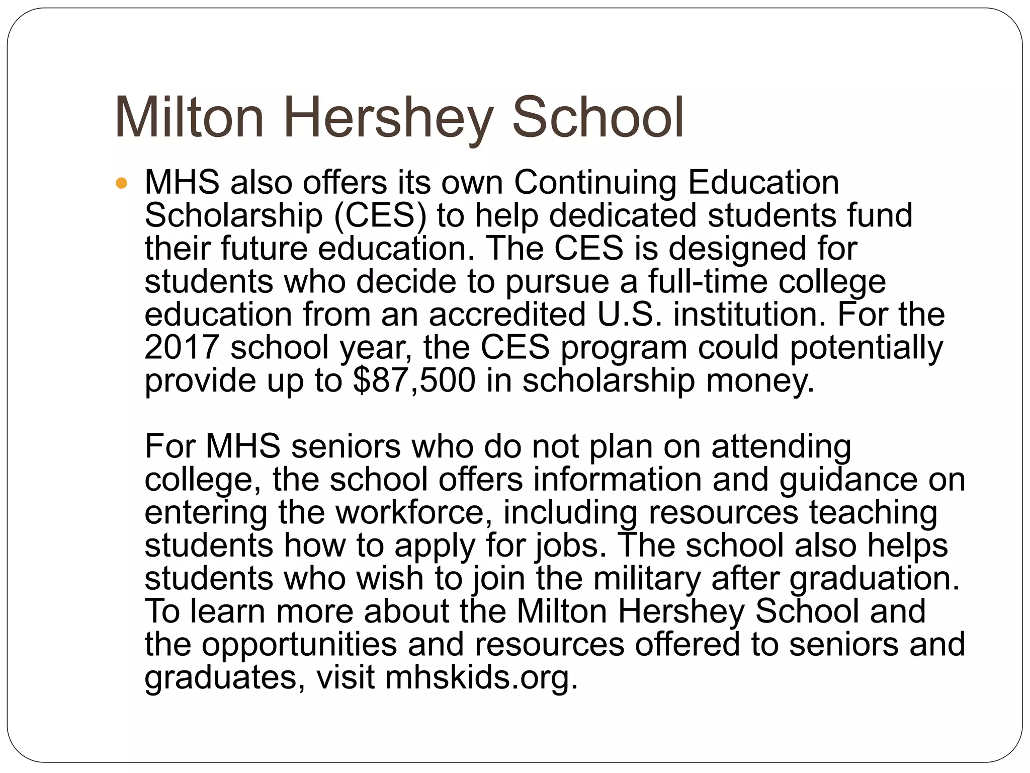 Milton Hershey School's Dedication to Life After Graduation PPT