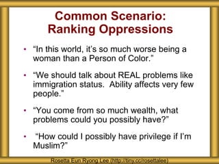 Common Scenario:
Ranking Oppressions
• “In this world, it’s so much worse being a
woman than a Person of Color.”
• “We should talk about REAL problems like
immigration status. Ability affects very few
people.”
• “You come from so much wealth, what
problems could you possibly have?”
• “How could I possibly have privilege if I’m
Muslim?”
Rosetta Eun Ryong Lee (http://tiny.cc/rosettalee)
 