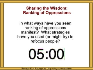 Sharing the Wisdom:
Ranking of Oppressions
In what ways have you seen
ranking of oppressions
manifest? What strategies
have you used (or might try) to
refocus people?
Rosetta Eun Ryong Lee (http://tiny.cc/rosettalee)
 