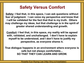 Safety Versus Comfort
Safety: I feel that, in this space, I can ask questions without
fear of judgment. I can voice my perspective and know that
I will be validated for the fact that that is my truth. Others
may challenge my ideas, but that challenge is in the spirit of
greater shared understanding and growth.
Comfort: I feel that, in this space, my reality will be agreed
with, validated, and unchallenged. I don’t have to explain
myself to be understood, and I don’t have to justify my
perspective, as everyone shares it.
True dialogue happens in an environment where everyone is
safe but not always comfortable...
SO THAT THEY CAN LEARN AND GROW.
Rosetta Eun Ryong Lee (http://tiny.cc/rosettalee)
 