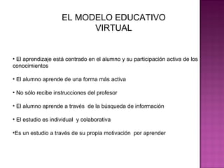 EL MODELO EDUCATIVO VIRTUAL El aprendizaje está centrado en el alumno y su participación activa de los conocimientos El alumno aprende de una forma más activa  No sólo recibe instrucciones del profesor  El alumno aprende a través  de la búsqueda de información El estudio es individual  y colaborativa  Es un estudio a través de su propia motivación  por aprender  
