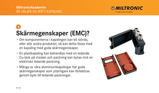 MiltronicAkademin
SÅ VÄLJER DU RÄTT KAPSLING
10 (16)
Skärmegenskaper (EMC)?
•	Om komponenterna i kapslingen kan bli störda,
eller stör andra produkter, så kan detta lösas med
en kapsling med goda skärmegenskaper.
•	En plastkapsling kan behandlas med en ledande
Cu-lack på insidan och packning kan bytas mot en
elektriskt ledande packning.
•	Många av våra aluminiumkapslingar har goda
skärmegenskaper som ytterligare kan förbättras
genom byte till ledande packningar.
3
 