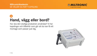MiltronicAkademin
SÅ VÄLJER DU RÄTT KAPSLING
11 (16)
Hand, vägg eller bord?
Hur ska den slutliga produkten användas? Vi har
kapslingar och tillbehör som gör att du kan få ett
montage som passar just dig.
4
 