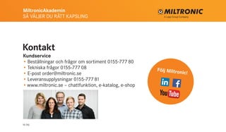 MiltronicAkademin
SÅ VÄLJER DU RÄTT KAPSLING
16 (16)
Kontakt
Följ Miltronic!
Kundservice
•	Beställningar och frågor om sortiment 0155-77780
•	Tekniska frågor 0155-77708
•	E-post order@miltronic.se
•	Leveransupplysningar 0155-77781
•	www.miltronic.se – chattfunktion, e-katalog, e-shop
 