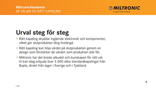 MiltronicAkademin
SÅ VÄLJER DU RÄTT KAPSLING
2 (16)
Urval steg för steg
•	Rätt kapsling skyddar ingående elektronik och komponenter,
vilket ger slutprodukten lång livslängd.
•	Rätt kapsling kan höja värdet på slutprodukten genom en
design som förstärker de värden som produkten står för.
•	Miltronic har det breda utbudet och kunskapen för rätt val.
Vi kan idag erbjuda över 5 000 olika standardkapslingar från
Bopla, direkt från lager i Sverige och i Tyskland.
U
 
