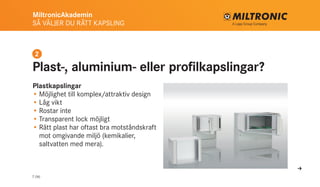 MiltronicAkademin
SÅ VÄLJER DU RÄTT KAPSLING
7 (16)
Plastkapslingar
•	Möjlighet till komplex/attraktiv design
•	Låg vikt
•	Rostar inte
•	Transparent lock möjligt
•	Rätt plast har oftast bra motståndskraft
mot omgivande miljö (kemikalier,
saltvatten med mera).
Plast-, aluminium- eller profilkapslingar?
2
U
 